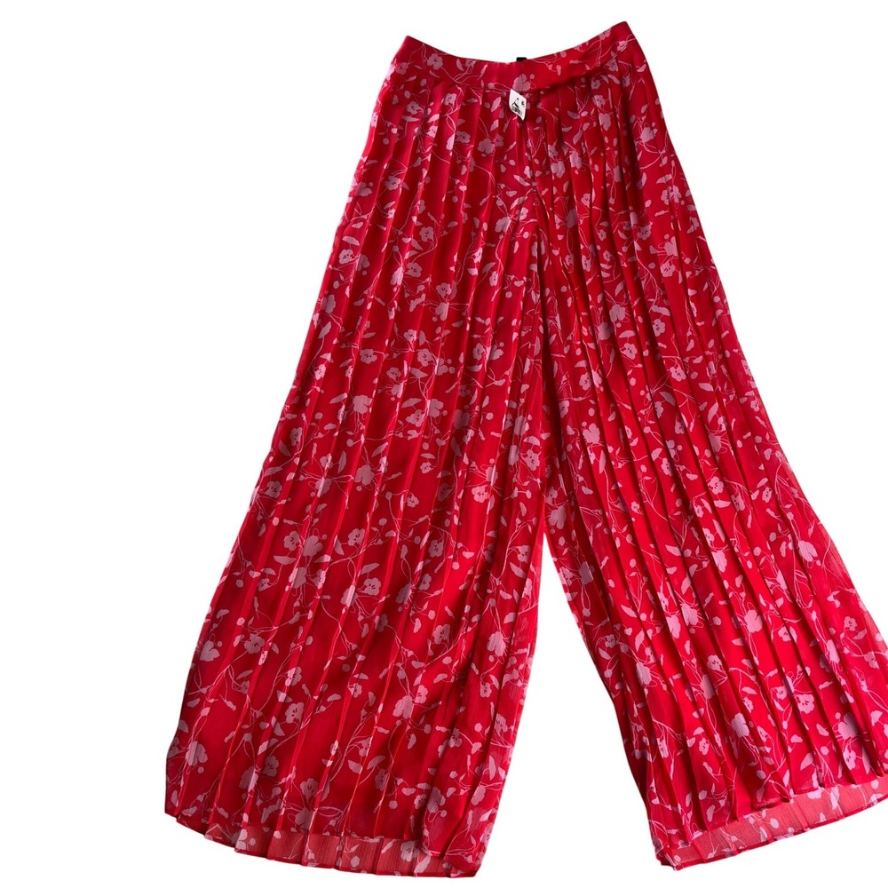 INC Pleated Wide Leg Pants Red Floral Chiffon Flowy Palazzo XS NWT